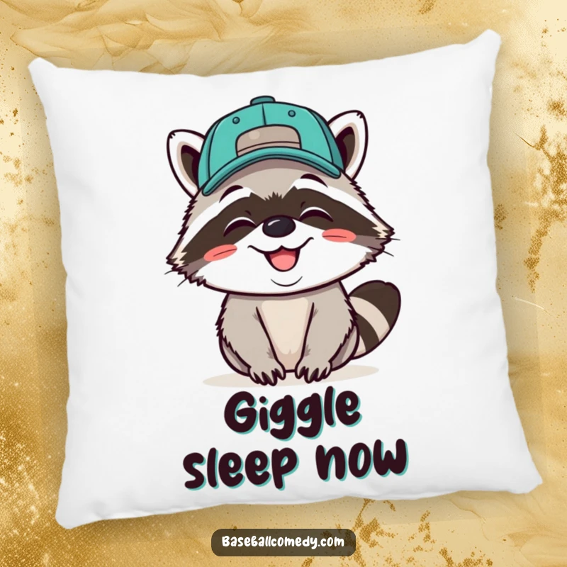 Funny pillow featuring a giggling raccoon wearing a baseball cap backwards, grinning, a soft and spirited addition.