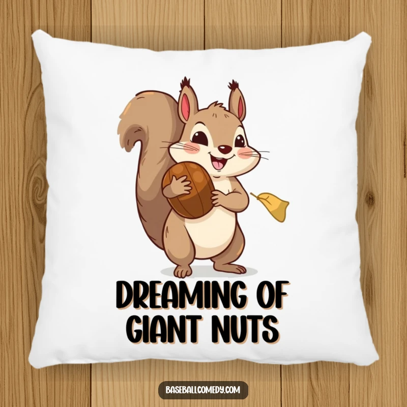 Funny pillow: A gleeful squirrel in a large baseball mitt prepares to catch a huge acorn, a whimsical illustration.