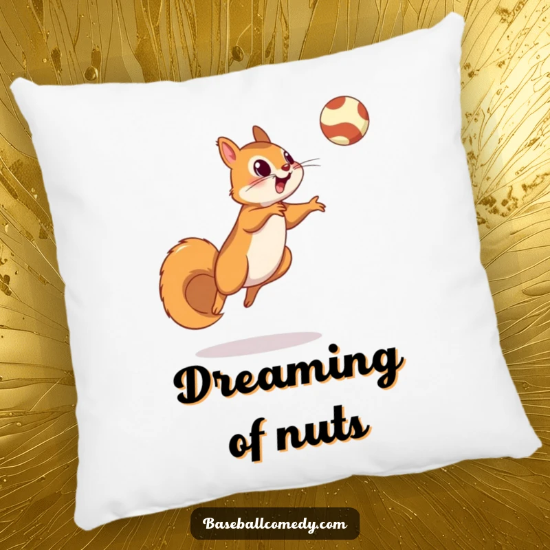 Funny squirrel pillow showing a squirrel jumping to catch a fly ball, comfortable and humorous baseball-themed decor.