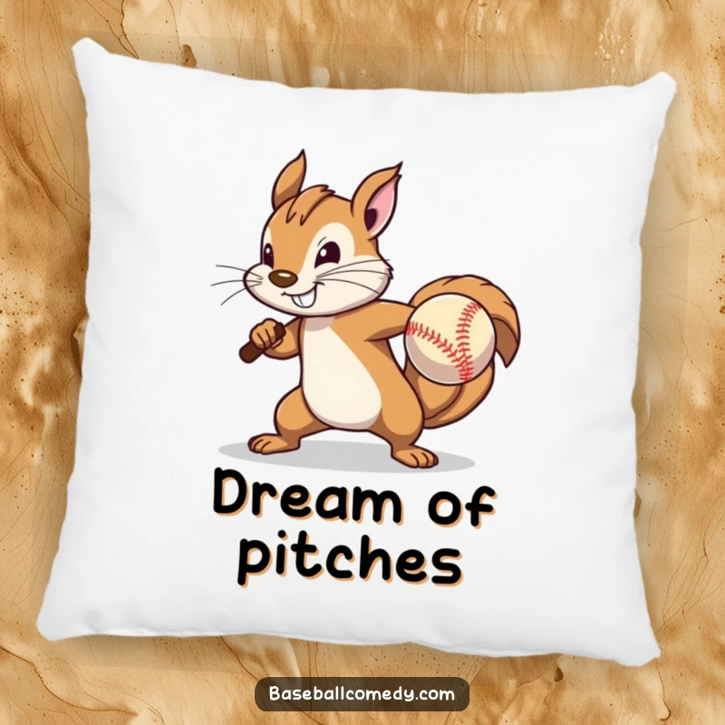 Funny Pillow: A determined squirrel pitches a baseball with great effort, offering a soft and humorous decorative accent.