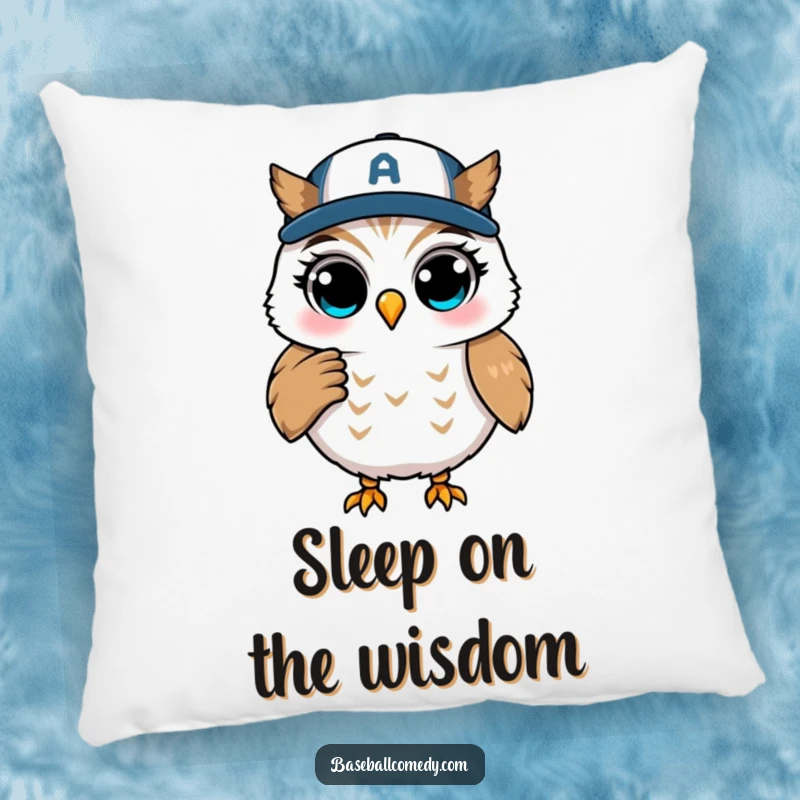 Funny pillow with a winking owl coaching from first base, bringing intelligent humor and cozy comfort to any room.