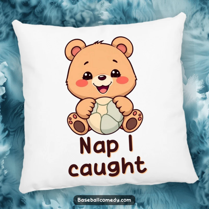 Funny pillow with a smiling bear catching a ball, offering comfort and a humorous touch to home decor.