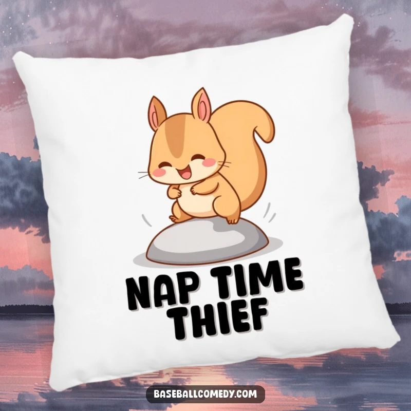 Funny squirrel pillow featuring a happy squirrel stealing a base with tiny legs pumping fast, perfect for sofas.