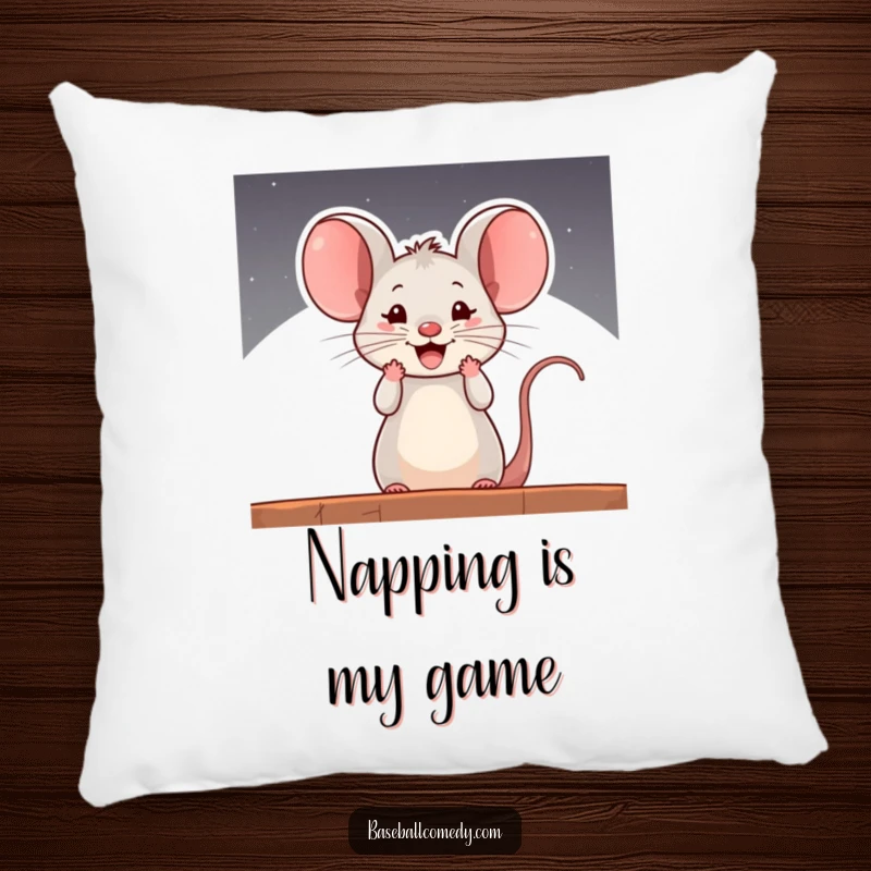 Funny pillow with a curious mouse cheering from a baseball dugout, bringing cozy, comical support to any seating area.