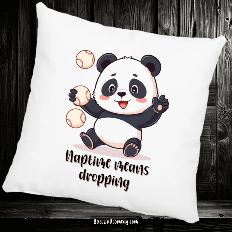 Funny panda attempting to juggle baseballs on a plush pillow, looking slightly confused, a whimsical home accent.