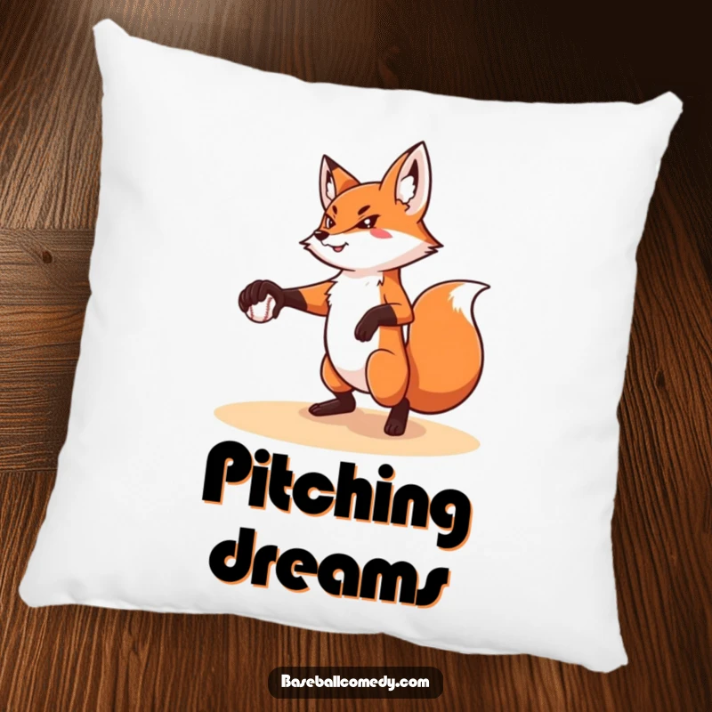 Funny pillow featuring a determined fox pitching a baseball, offering comfort and a humorous sports theme.