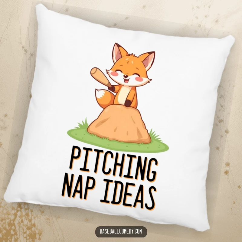 Funny fox pillow, happily pitching a baseball from a miniature mound, comfortable and cute.