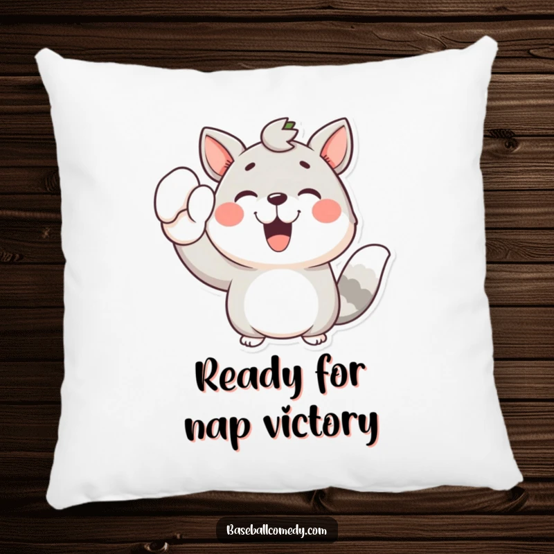 Funny pillow showcasing a happy animal with a raised mitt, radiating excitement and the spirit of a game win.