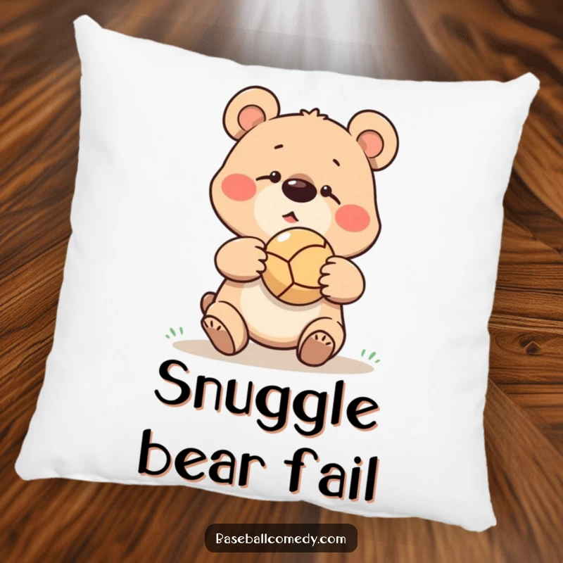 Funny goofy bear missing a catch, ball bouncing off its nose, on a soft and decorative pillow.