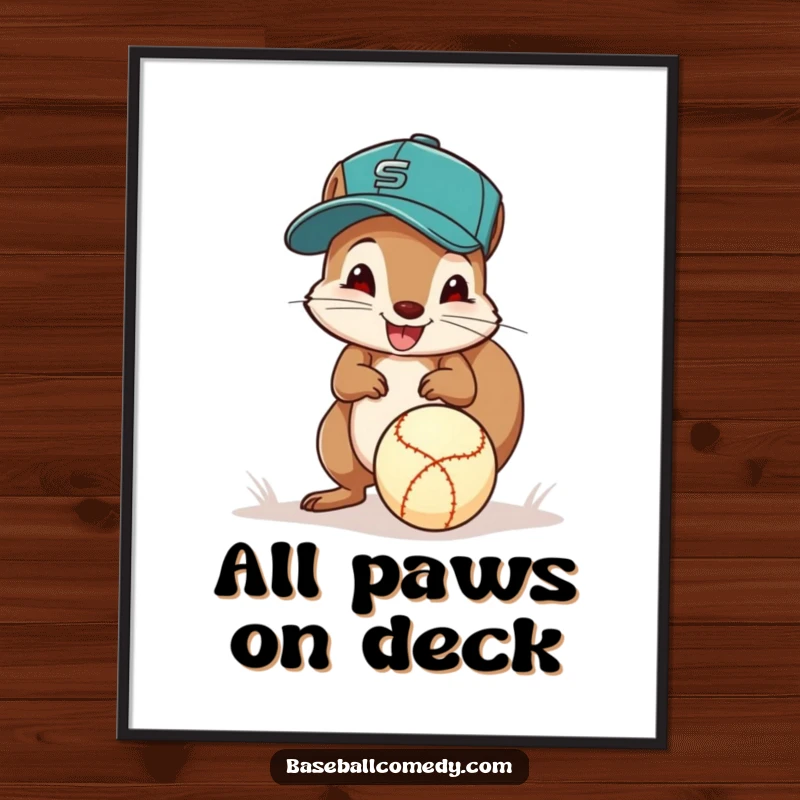 Funny squirrel baseball digital art, a squirrel in a cap excitedly fields a ground ball with its paws, ready to print and enjoy.