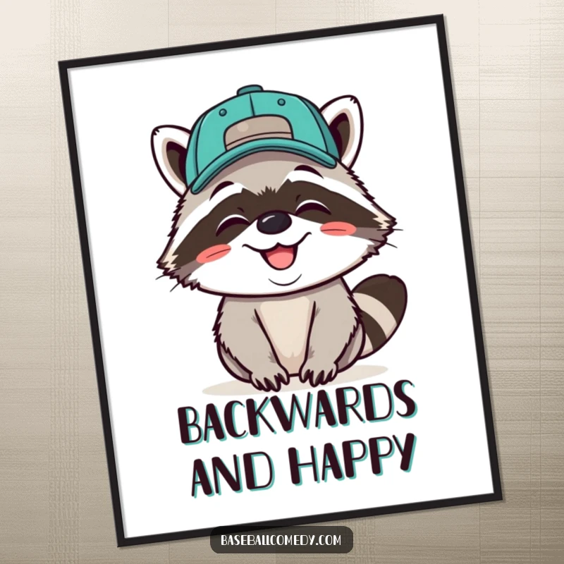 Funny digital art print of a giggling raccoon wearing a baseball cap backwards, grinning, adding playful charm.