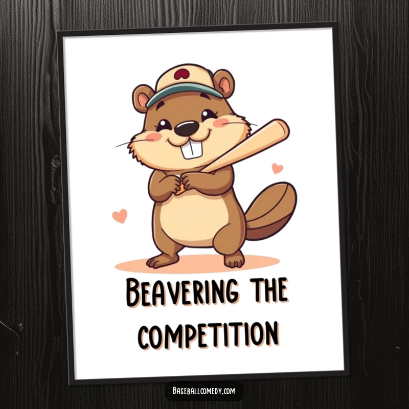 Funny digital art print of a brave beaver with a huge, happy smile hitting a baseball home run, conveying victory.