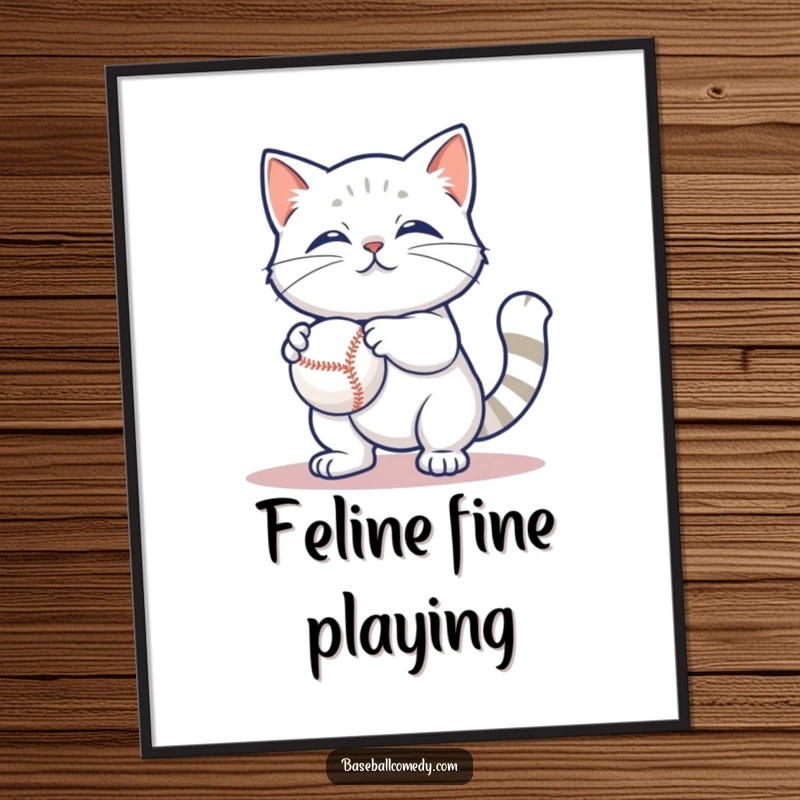 Funny digital art print of a content cat playfully batting a baseball, conveying charm and lighthearted humor.