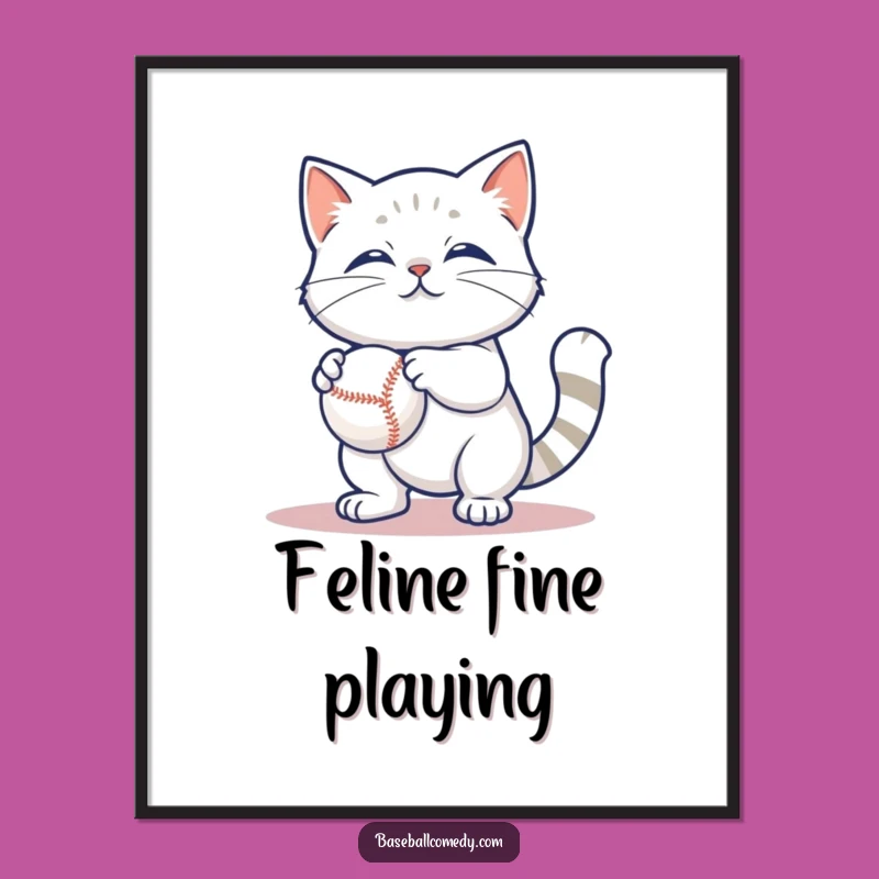 Funny Cat Baseball Digital Art: Content Feline Print, Whimsical Decor Gift for Cat Fans