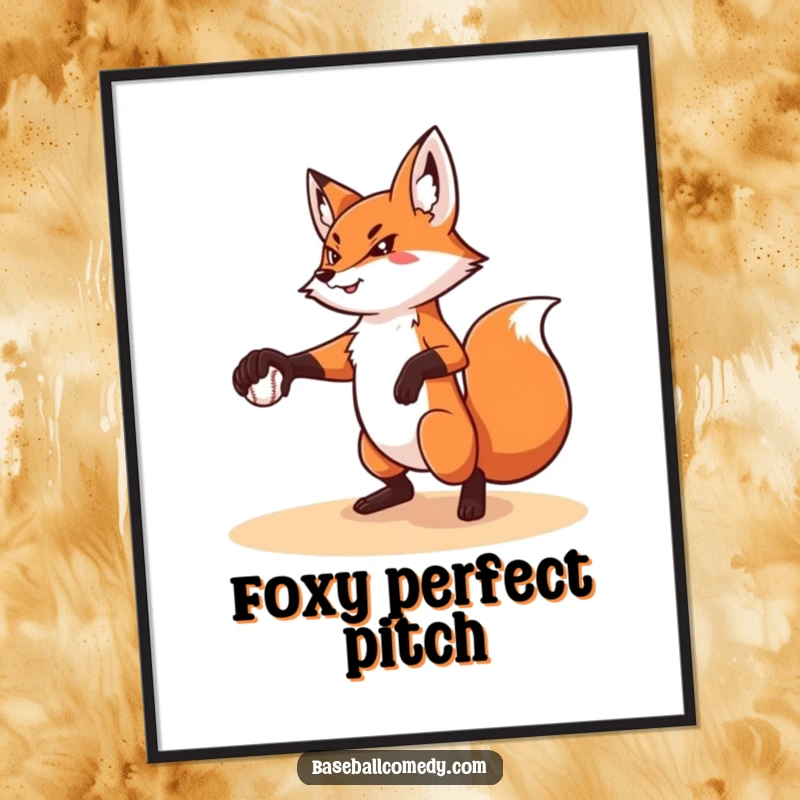 Funny digital art print of a determined fox pitching a baseball with perfect form, creating instant athletic humor.