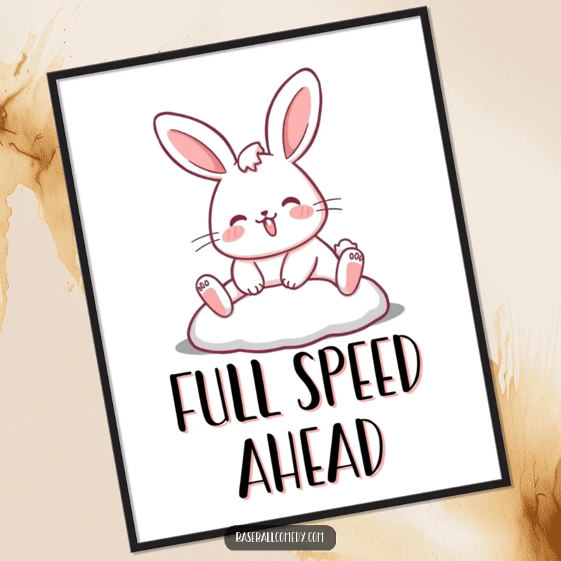 Funny rabbit digital art print of a rabbit sliding into a base, offering instant humorous sports decor for screen readers.