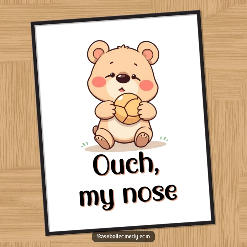 Funny goofy bear missing a catch, ball bouncing off its nose, for digital art print download.