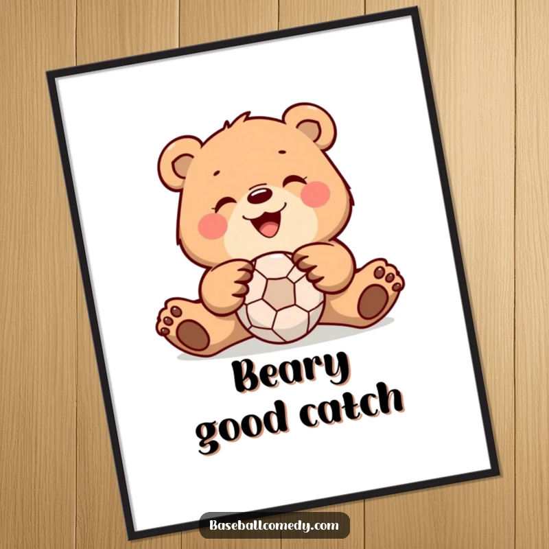Funny bear digital art print of a bear catching a ball, offering instant humorous sports decor for screen readers.
