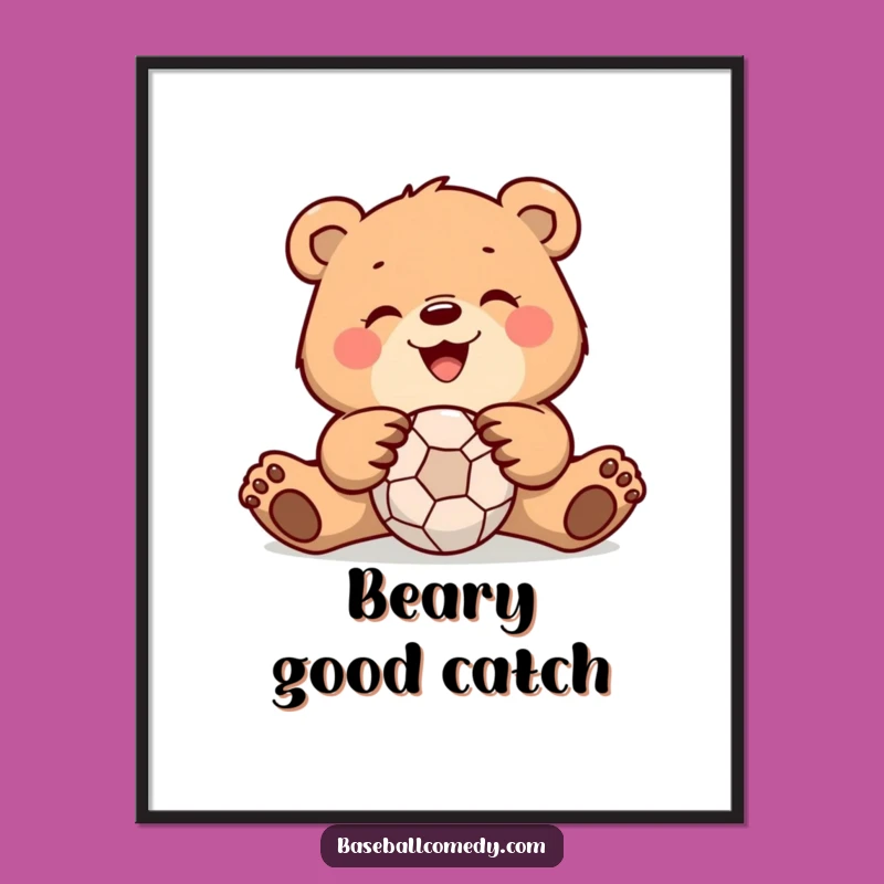Funny Bear Catching Ball Digital Art: Instant Download Decor for Humorous Sports-Themed Gifts