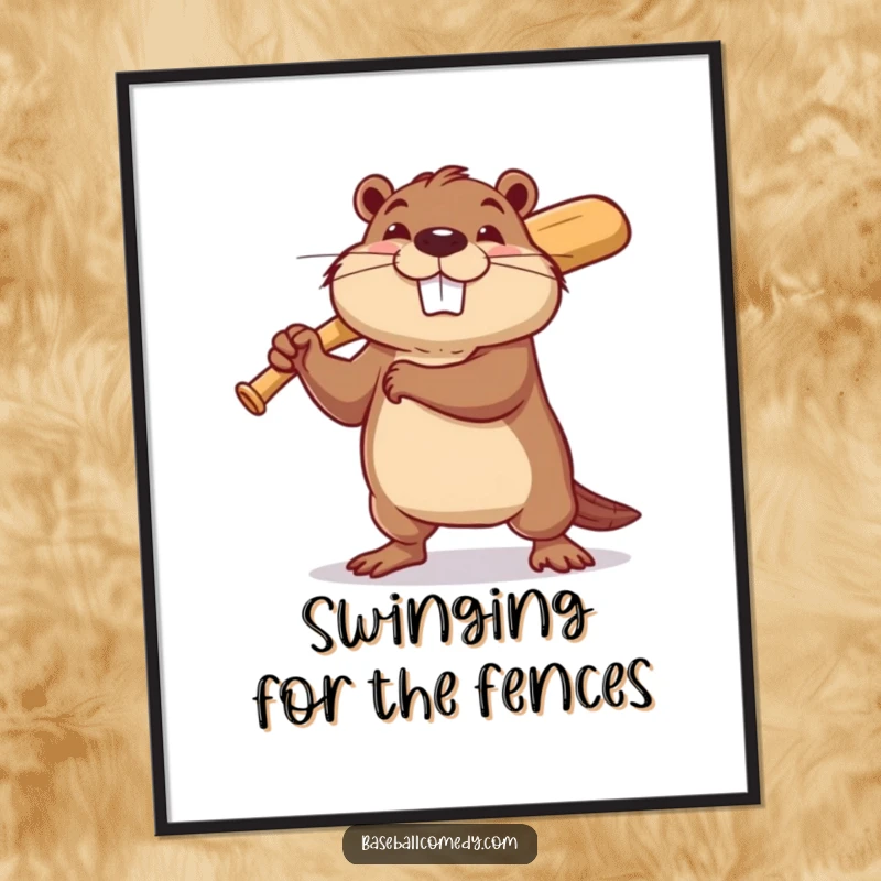 Funny beaver baseball digital art print of a determined beaver swinging a tiny baseball bat with a hopeful grin, for instant decor.