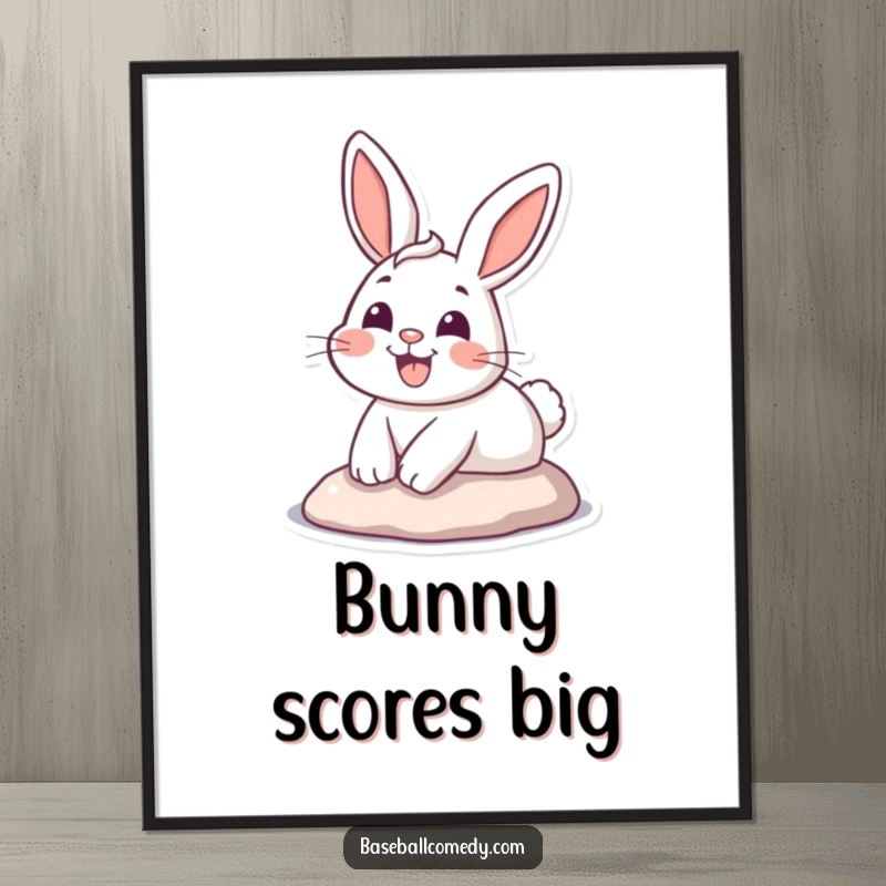 Funny digital art print of a happy cartoon bunny rabbit sliding into home base with a big, infectious grin, full of joy.