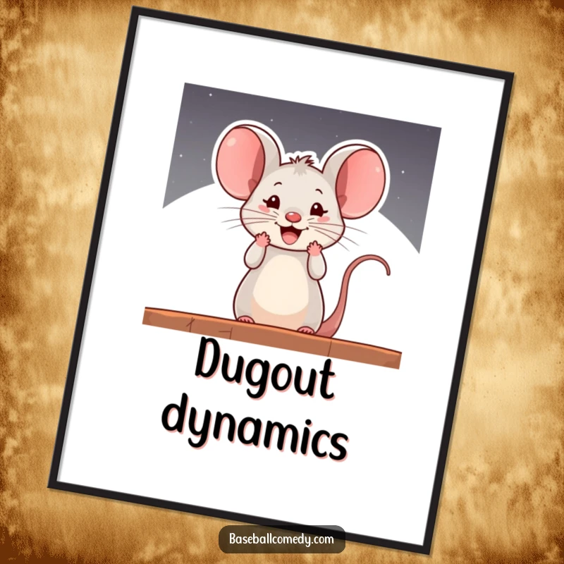 Funny digital art print of a curious mouse cheering enthusiastically from a baseball dugout, capturing comical fan spirit.