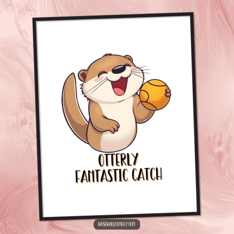 Funny digital art print of a joyful otter with great enthusiasm catching a foul ball, conveying energetic humor.