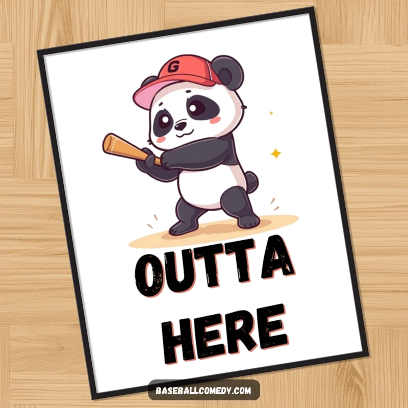 Funny panda digital art print of a panda hitting a grand slam, offering instant humorous sports decor for screen readers.