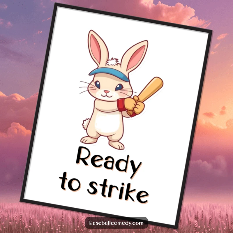 Funny rabbit wearing batting gloves, intense focus, ready to swing, for digital art print download.