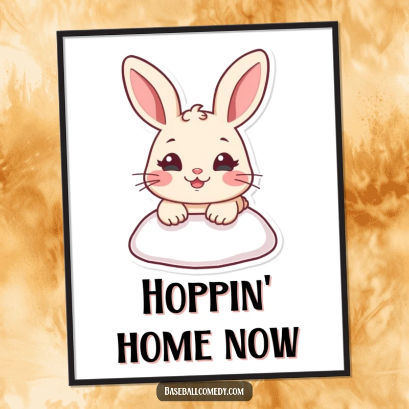 Funny digital art print of a cartoon rabbit sliding into a baseball base, creating instant sports-themed humor.