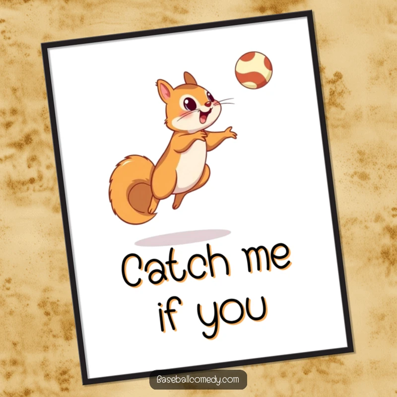 Funny squirrel digital art print of a squirrel leaping to catch a fly ball, energetic baseball artwork with wildlife appeal.
