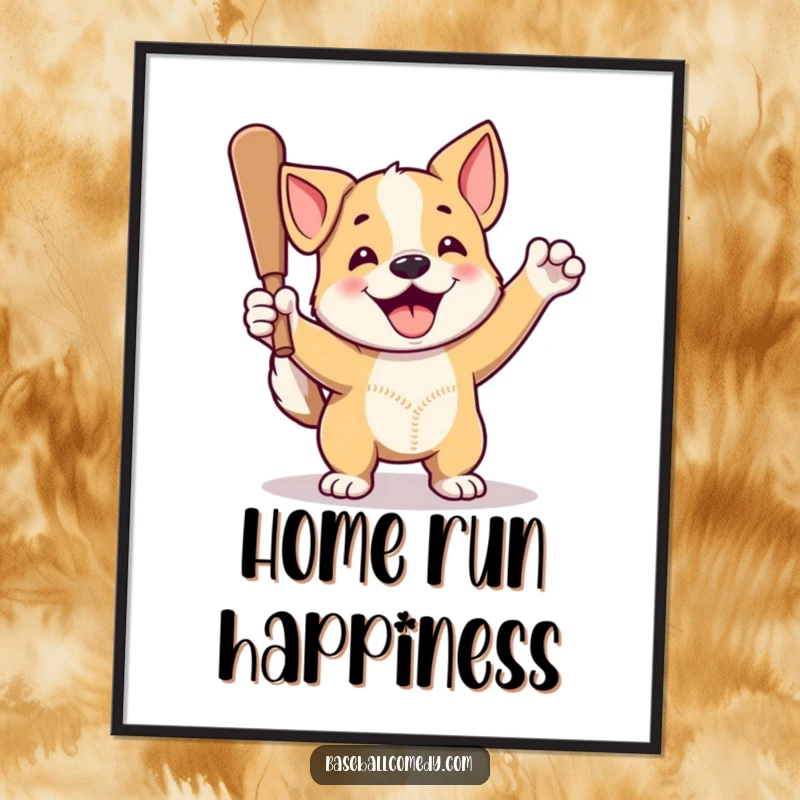 Funny dog digital art print of a proud dog celebrating a home run, vibrant baseball-themed artwork for proud pup owners.