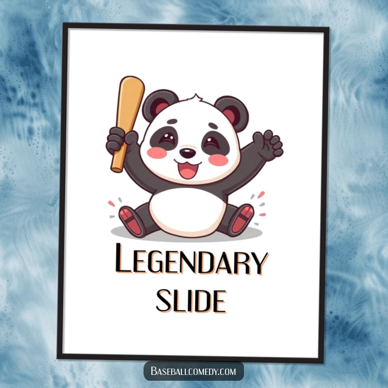 Funny digital art print of a playful panda sliding into home plate with a triumphant smile, celebrating baseball.