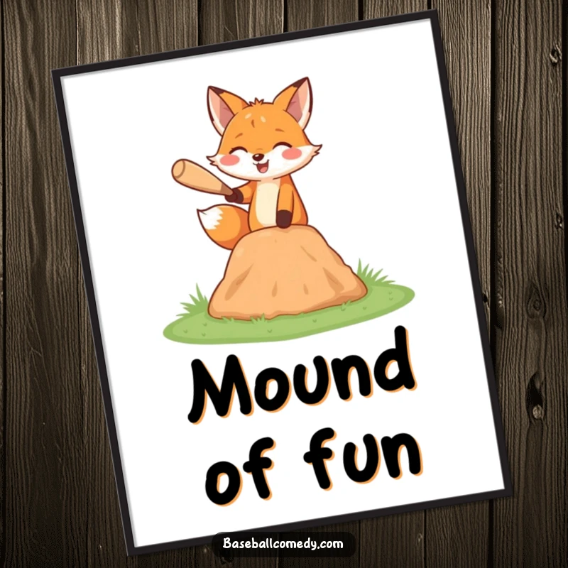Funny fox digital art print, happily pitching a baseball from a miniature mound, cheerful sports art.