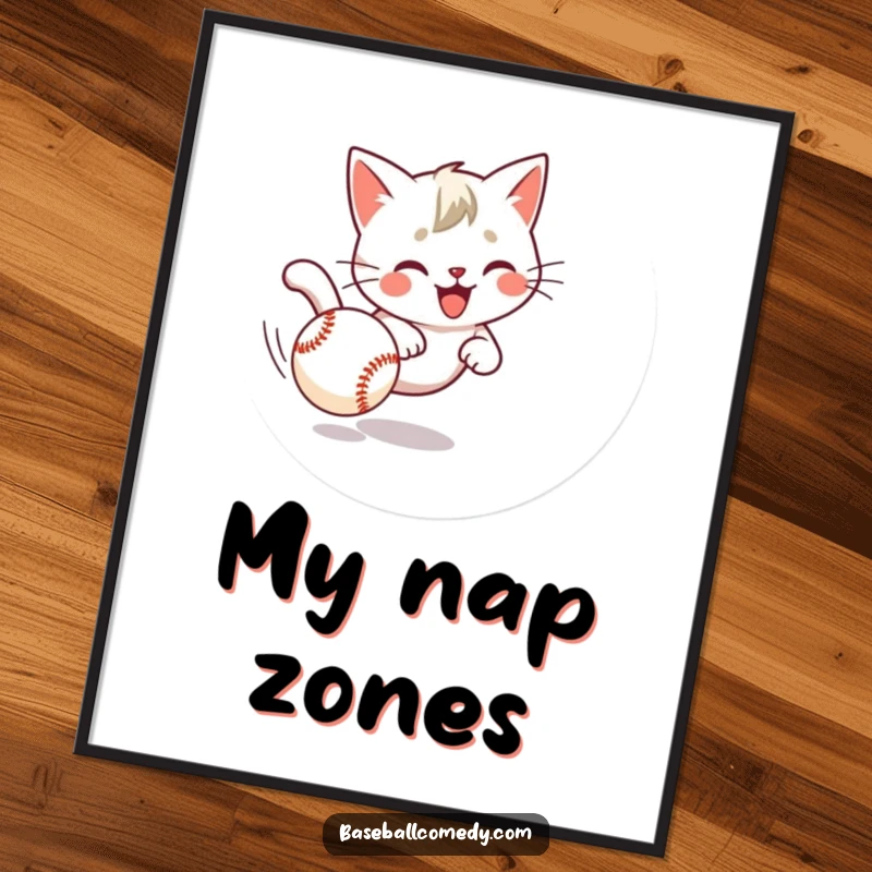 Funny cat digital art print of a playful kitten comically chasing a rolling baseball, perfect for instant wall decor.