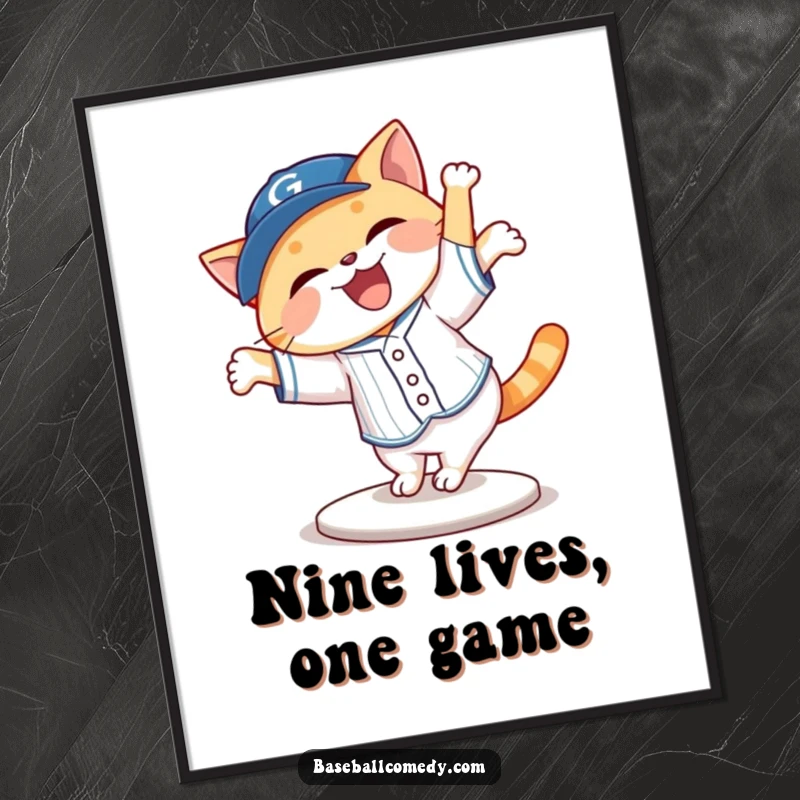 Funny cat in a baseball uniform cartwheeling joyfully, digital art print, energetic and humorous decor.