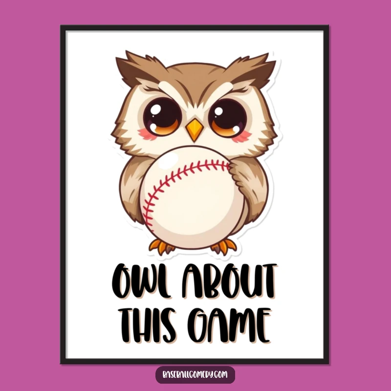 Funny Curious Owl Digital Art: Wide-Eyed Wonder Print, Whimsical Baseball Decor Gift