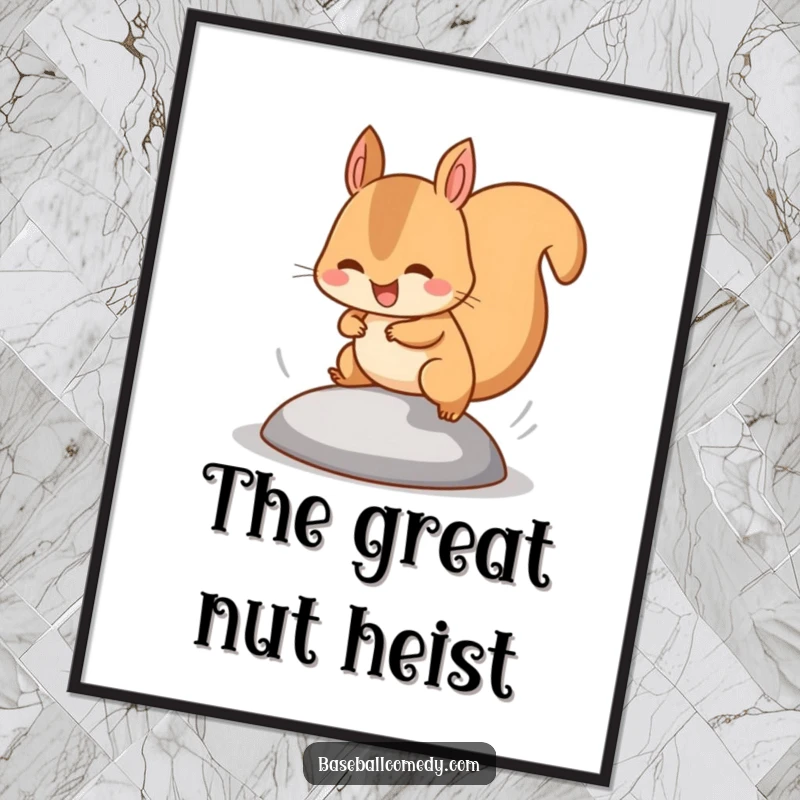 Funny squirrel digital art print of a happy squirrel stealing a base, tiny legs pumping fast, for instant decor.