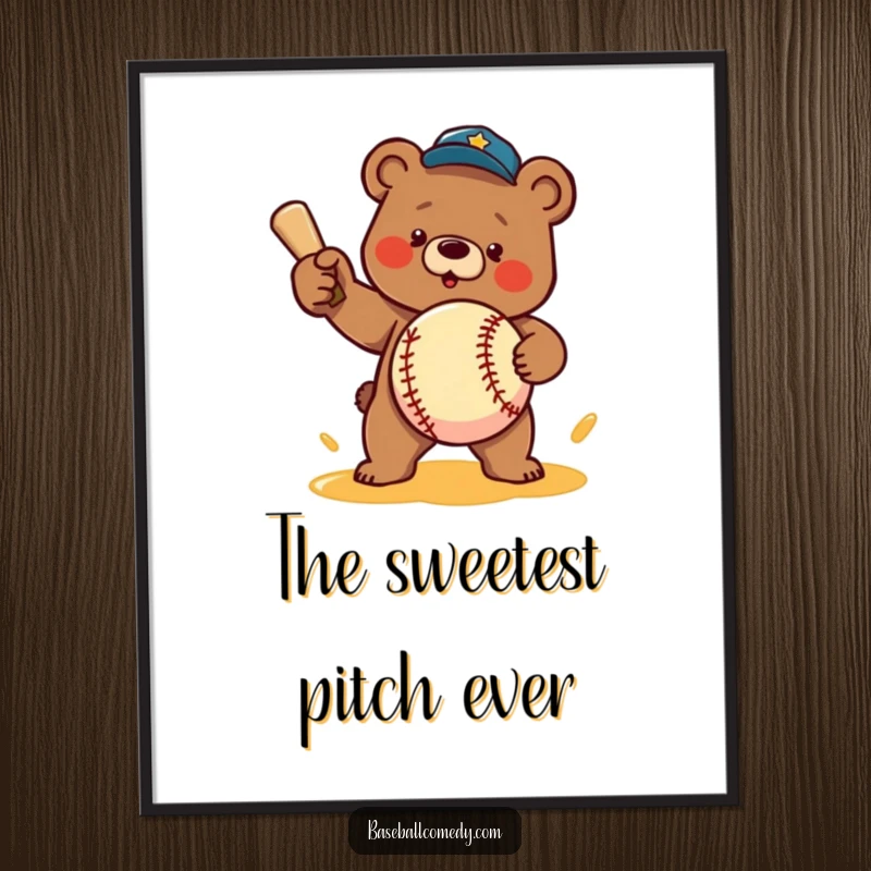 Funny digital art print: A determined bear pitches a baseball made of honey, humorous artwork for instant decor.