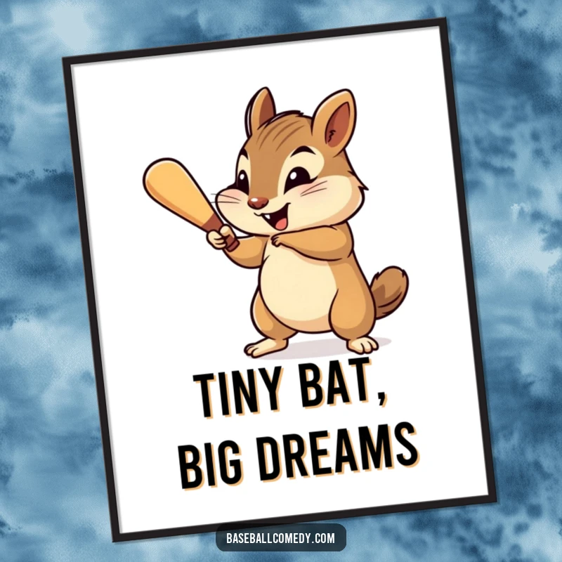 Funny chipmunk digital art print, cheerfully swinging a tiny baseball bat with gusto, baseball-themed wall decor.