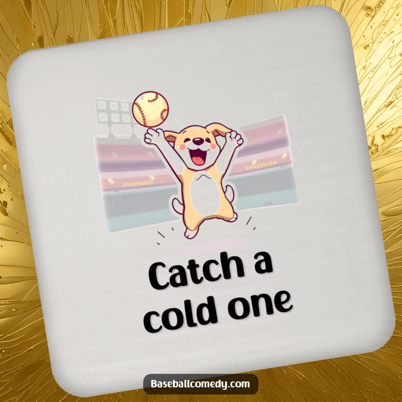 Funny coaster set with an energetic dog jumping to catch a home run baseball, protecting surfaces with sporty humor.