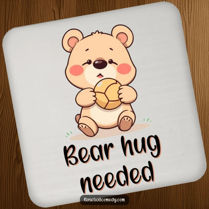 Funny goofy bear missing a baseball catch, ball bouncing off its nose, on a humorous drink coaster.