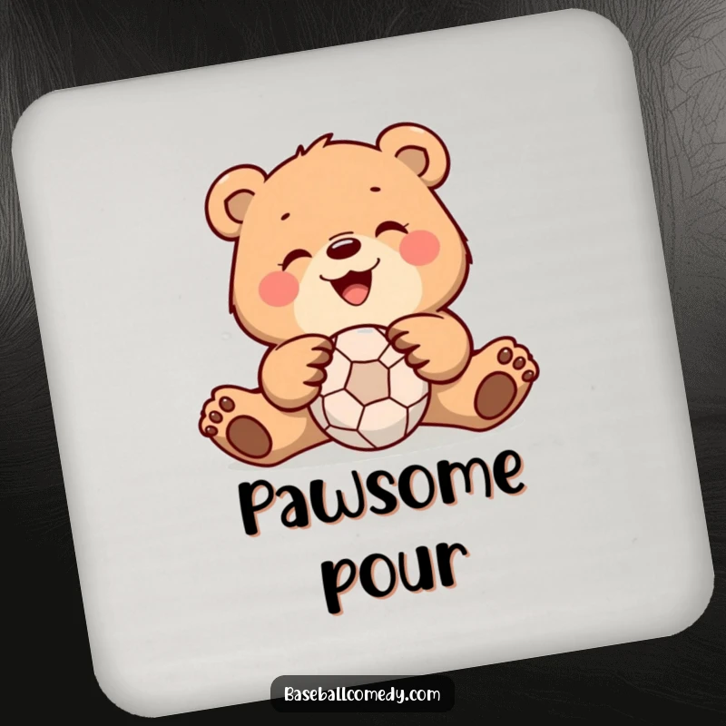 Funny bear drink coasters featuring a bear catching a ball, perfect for protecting furniture with humorous sports-themed flair.