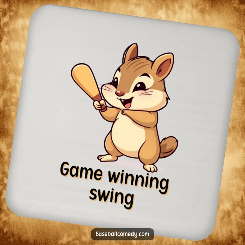 Funny chipmunk coaster, cheerfully swinging a tiny baseball bat with gusto, protecting surfaces.