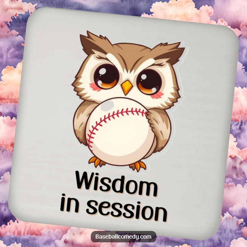 Funny drink coaster with a curious owl showing wide eyes, observing a baseball, a humorous and practical item.