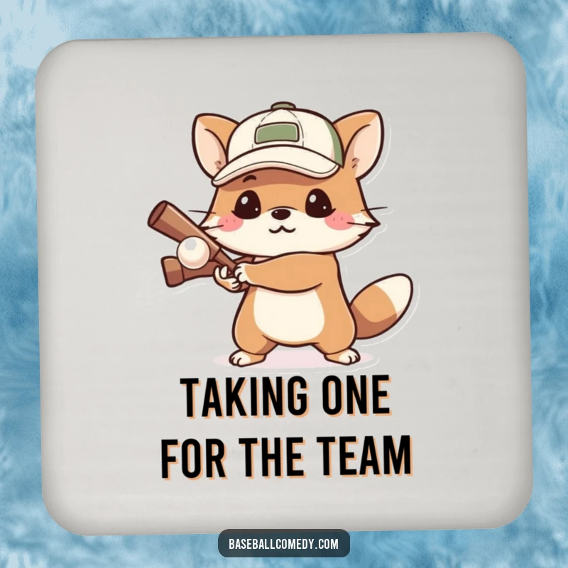 Funny drink coaster depicting a determined animal wearing a cap, focused on batting a small ball, adding a touch of grit.