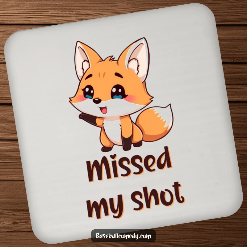 Funny drink coaster with a silly fox comically striking out, a humorous and practical item.
