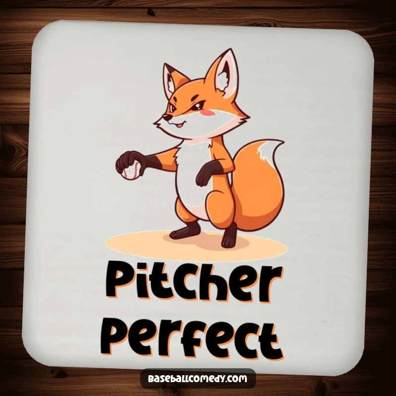 Funny drink coaster showcasing a determined fox pitching a baseball, adding focused humor to surface protection.