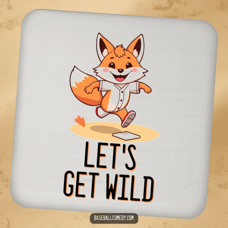Funny Coaster: A grinning fox sprints with determination around baseball bases, designed to protect surfaces humorously.