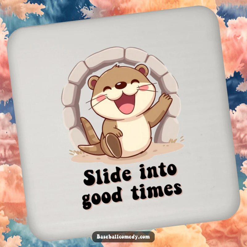 Funny otter coaster, excitedly sliding into home base with a wide grin, protecting tables.